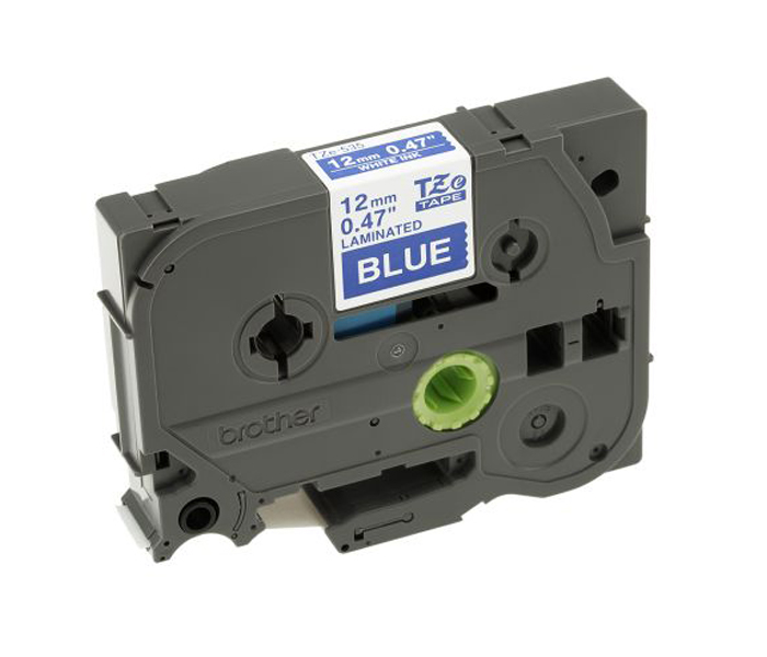 Лента TZE535 ламинированная для печати наклеек Brother PT 5/9800 (размер: 12мм х 8м, белый шрифт, синий фон) [артикул: TZE-535] /оригинальная/