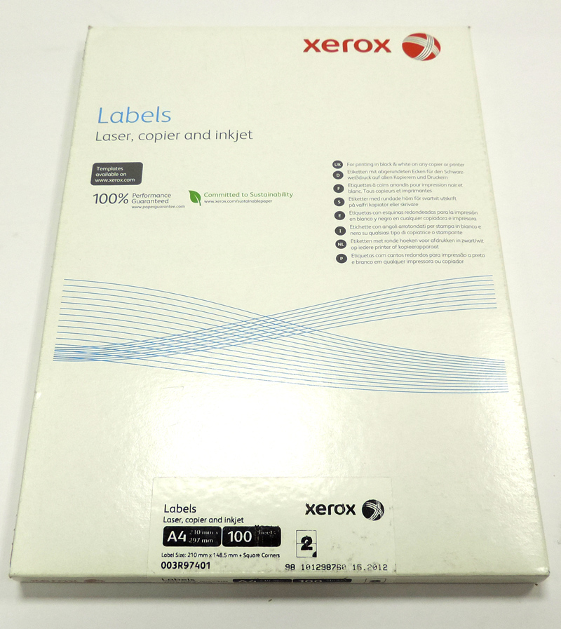 003R97401 Наклейки бумажные Xerox для лаз. и стр. печати А4:2 (2 накл/лист, 210х148,5мм, 100л/п) [R]