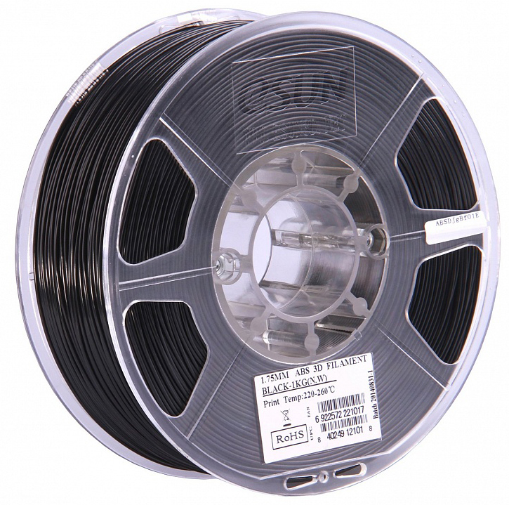 Проволока ABS+ ESUN для печати на 3D-принтерах (диаметр нити: 1,75 мм, вес катушки: 1 кг, цвет: черная)