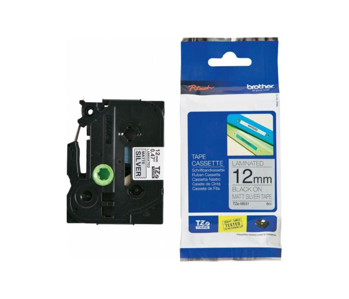 Лента TZEM931 ламинированная для печати наклеек Brother PT 5/9800 (размер: 12мм х 5м, черный шрифт, серебристый фон "металлик") [артикул: TZE-M931] /оригинальная/