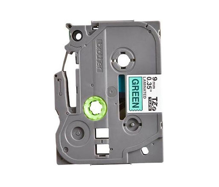 Лента TZE721 ламинированная для печати наклеек Brother PT 5/9800 (размер: 9мм х 8м, черный шрифт, зеленый фон) [артикул: TZE-721] /оригинальная/