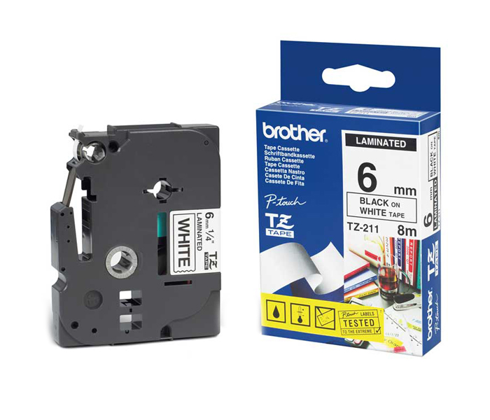 Лента TZEFX211 ламинированная эластичная (идентификационная) для печати наклеек Brother PT 5/9800 (размер: 6мм х 8м, черный шрифт, белый фон) [артикул: TZE-FX211] /оригинальная/