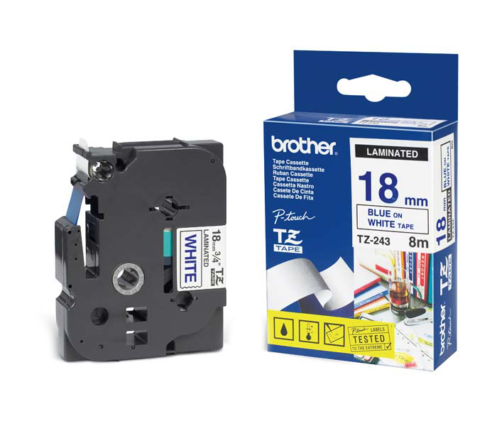 Лента TZE243 ламинированная для печати наклеек Brother PT 5/9800 (размер: 18мм х 8м, синий шрифт, белый фон) [артикул: TZE-243] /оригинальная/