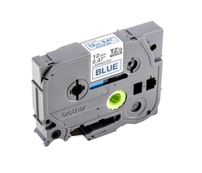 Лента TZE531 ламинированная для печати наклеек Brother PT 5/9800 (размер: 12мм х 8м, черный шрифт, синий фон) [артикул: TZE-531] /оригинальная/