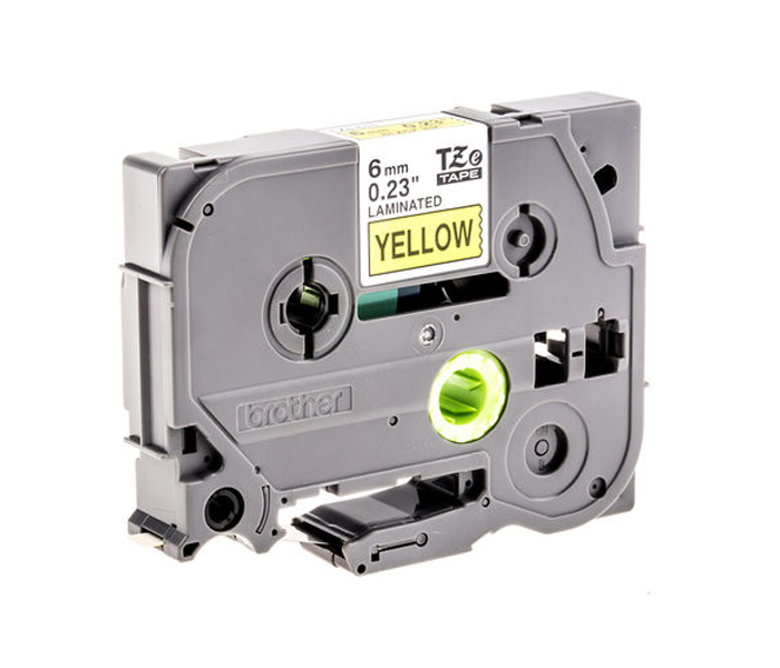 Лента TZE611 ламинированная для печати наклеек Brother PT 5/9800 (размер: 6мм х 8м, черный шрифт, желтый фон) [артикул: TZE-611] /оригинальная/