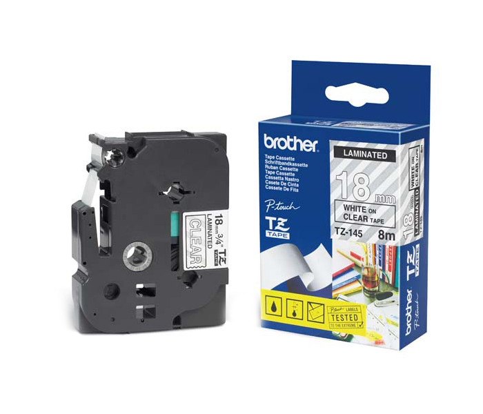Лента TZE145 ламинированная для печати наклеек Brother PT 5/9800 (размер: 18мм х 8м, белый шрифт, прозрачный фон) [артикул: TZE-145] /оригинальная/