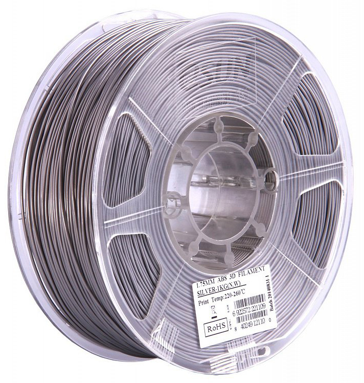 Проволока ABS+ ESUN для печати на 3D-принтерах (диаметр нити: 1,75 мм, вес катушки: 1 кг, цвет: серебристый)