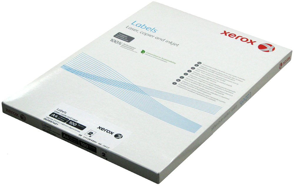 Бумажные наклейки для лазерной и струйной печати Xerox A4:2 (2 наклейки  на листе, 210х148,5 мм, 100 л/пач) (прямые углы) [арт. 003R97401]