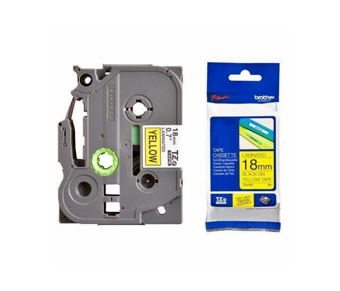 Лента TZES641 ламинированная плотная (повышенной адгезии) для печати наклеек Brother PT 5/9800 (размер: 18мм х 8м, черный шрифт, желтый фон) [артикул: TZE-S641] /оригинальная/