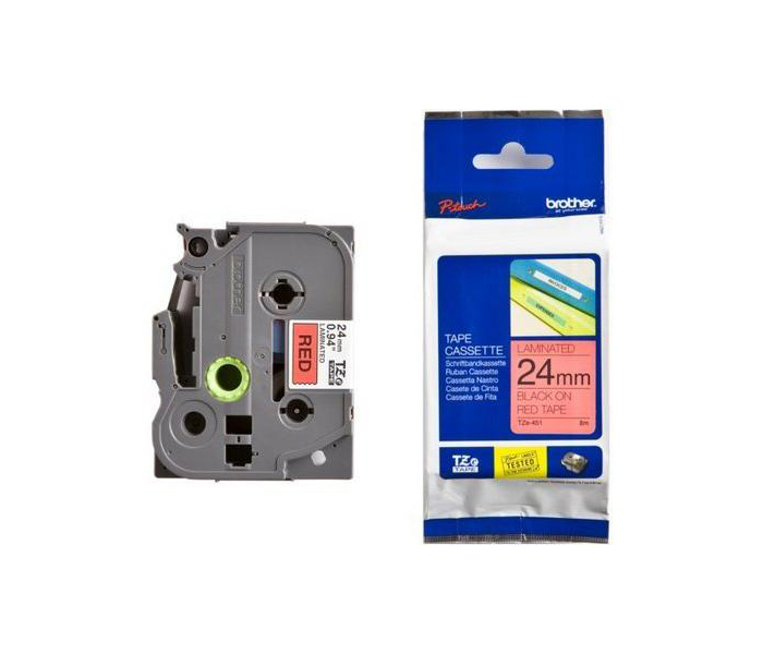 Лента TZE451 ламинированная для печати наклеек Brother PT 500/9800 (размер: 24мм х 8м, черный шрифт, красный фон) [артикул: TZE-451] /оригинальная/