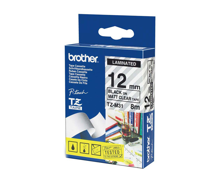 Лента TZEM31 ламинированная для печати наклеек Brother PT 5/9800 (размер: 12мм х 5м, черный шрифт, серебристый матовый фон) [артикул: TZE-M31] /оригинальная/