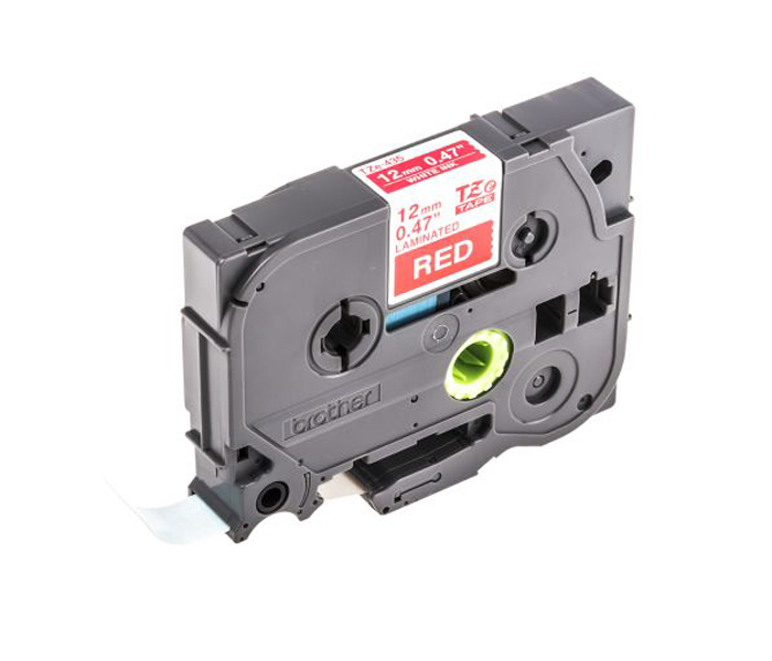 Лента TZE435 ламинированная для печати наклеек Brother PT 5/9800 (размер: 12мм х 8м, белый шрифт, красный фон) [артикул: TZE-435] /оригинальная/