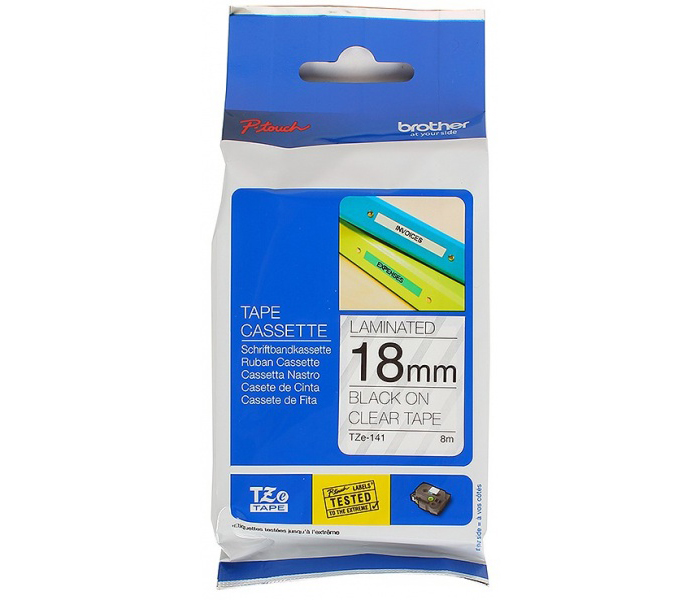 Лента TZES141 ламинированная плотная (повышенной адгезии) для печати наклеек Brother PT 5/9800 (размер: 18мм х 8м, черный шрифт, прозрачный фон) [артикул: TZE-S141] /оригинальная/