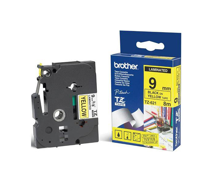 Лента TZES621 ламинированная плотная (повышенной адгезии) для печати наклеек Brother PT 5/9800 (размер: 9мм х 8м, черный шрифт, желтый фон) [артикул: TZE-S621] /оригинальная/