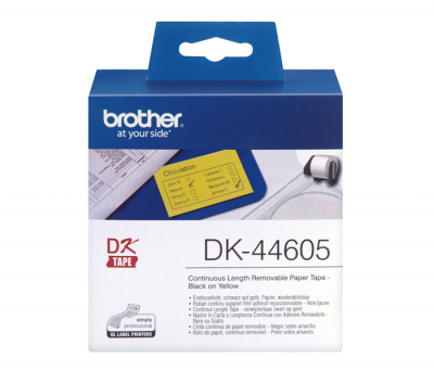Лента бумажная DK44605 съемная клеящаяся цельная Brother QL 500/1060 (размер: 62мм x 30,48м, черный шрифт, желтый фон) [артикул: DK-44605] /оригинальная/