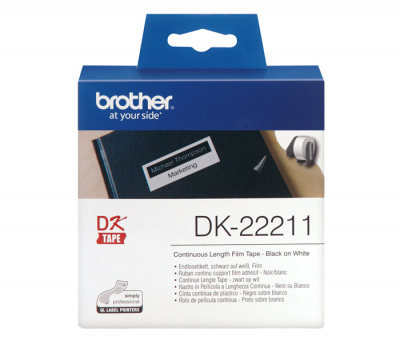 Лента пленочная DK22211 клеящаяся цельная Brother QL 500/1060 (размер: 29мм x 15,24м, черный шрифт, белый фон) [артикул: DK-22211] /оригинальная/