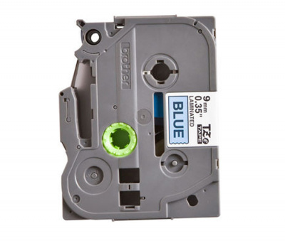 Лента TZE521 ламинированная для печати наклеек Brother PT 5/9800 (9мм х 8м, черный шрифт, синий фон) [артикул: TZE-521] /оригинальная/