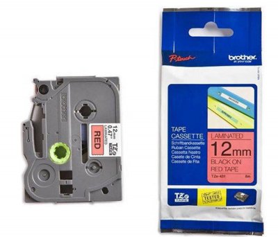 Лента TZE431 ламинированная для печати наклеек Brother PT 5/9800 (размер: 12мм х 8м, черный шрифт, красный фон) [артикул: TZE-431] /оригинальная/