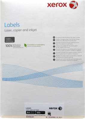 Бумажные наклейки для лазерной печати Xerox A4:18 (18 наклеек на листе, 63,5x46,6 мм, 100 л/пач) (скругленные углы) [арт. 003R96297]