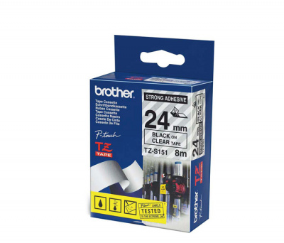 Лента TZE151 ламинированная для печати наклеек Brother PT 500/9800 (размер: 24мм х 8м, черный шрифт, прозрачный фон) [артикул: TZE-151] /оригинальная/