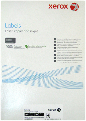 Бумажные наклейки для лазерной и струйной печати Xerox A4:4 (4 наклейки  на листе, 105х148,5 мм, 100 л/пач) (прямые углы) [арт. 003R97402]