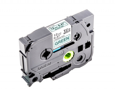 Лента TZE731 ламинированная для печати наклеек Brother PT 5/9800 (размер: 12мм х 8м, черный шрифт, зеленый фон) [артикул: TZE-731] /оригинальная/