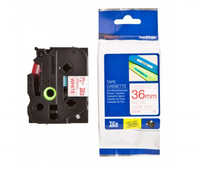 Лента TZE262 ламинированная для печати наклеек Brother PT 530/9800 (размер: 36мм х 8м, красный шрифт, белый фон) [артикул: TZE-262] /оригинальная/