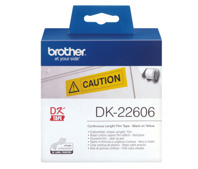 Лента пленочная DK22606 клеящаяся цельная Brother QL 500/1060 (размер: 62мм x 15,24м, черный шрифт, желтый фон) [артикул: DK-22606] /оригинальная/
