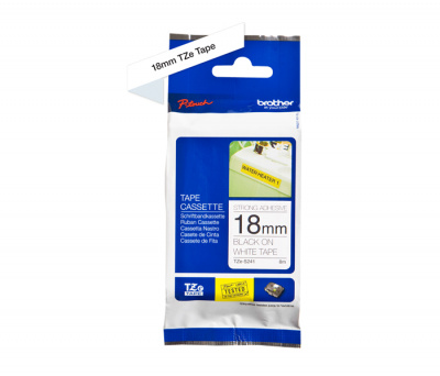 Лента TZES241 ламинированная плотная (повышенной адгезии) для печати наклеек Brother PT 5/9800 (размер: 18мм х 8м, черный шрифт, белый фон) [артикул: TZE-S241] /оригинальная/