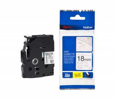 Лента TZESE4 ламинированная пломбировочная (после удаления оставляет шашечки) для печати наклеек Brother PT 5/9800 (размер: 18мм х 8м, черный шрифт, белый фон) [артикул: TZE-SE4] /оригинальная/