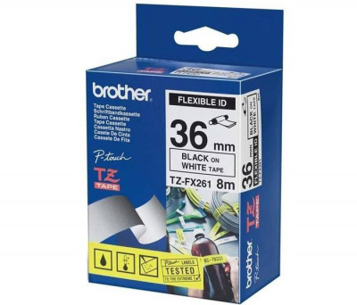 Лента TZEFX261 ламинированная эластичная (идентификационная) для печати наклеек Brother (размер: 36мм х 8м, черный шрифт, белый фон) [артикул: TZE-FX261] /оригинальная/