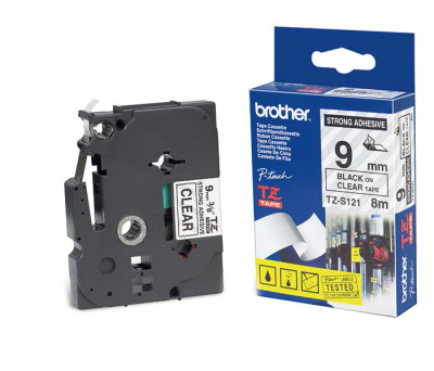 Лента TZES121 ламинированная плотная (повышенной адгезии) для печати наклеек Brother PT 5/9800 (размер: 9мм х 8м, черный шрифт, прозрачный фон) [артикул: TZE-S121] /оригинальная/