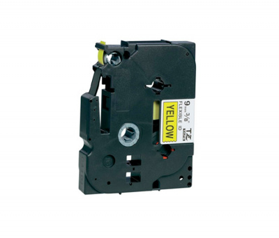 Лента TZEFX621 ламинированная эластичная (идентификационная) для печати наклеек Brother PT 5/9800 (размер: 9мм х 8м, черный шрифт, желтый фон) [артикул: TZE-FX621] /оригинальная/