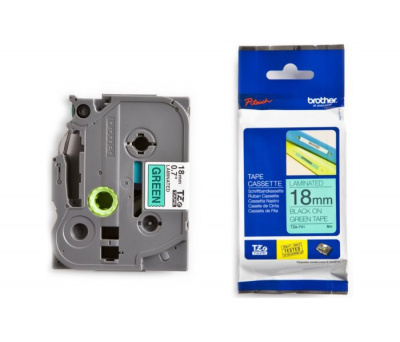 Лента TZE741 ламинированная для печати наклеек Brother PT 5/9800 (размер: 18мм х 8м, черный шрифт, зеленый фон) [артикул: TZE-741] /оригинальная/