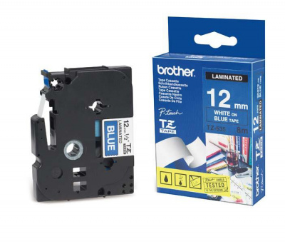 Лента TZE535 ламинированная для печати наклеек Brother PT 5/9800 (размер: 12мм х 8м, белый шрифт, синий фон) [артикул: TZE-535] /оригинальная/