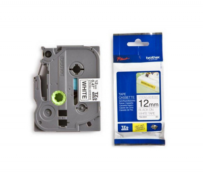 Лента TZES231 ламинированная плотная (повышенной адгезии) для печати наклеек Brother PT 5/9800 (размер: 12мм х 8м, черный шрифт, белый фон) [артикул: TZE-S231] /оригинальная/