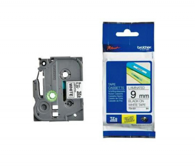 Лента TZES221 ламинированная плотная (повышенной адгезии) для печати наклеек Brother PT 5/9800 (размер: 9мм х 8м, черный шрифт, белый фон) [артикул: TZE-S221] /оригинальная/