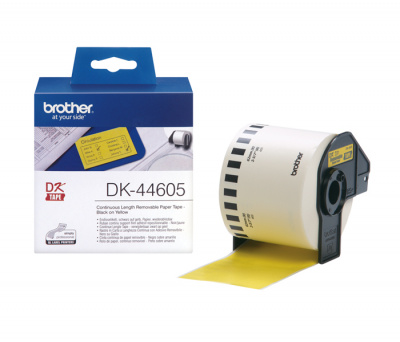 Лента бумажная DK44605 съемная клеящаяся цельная Brother QL 500/1060 (размер: 62мм x 30,48м, черный шрифт, желтый фон) [артикул: DK-44605] /оригинальная/