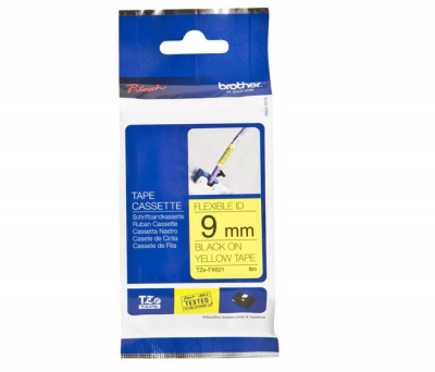 Лента TZEFX621 ламинированная эластичная (идентификационная) для печати наклеек Brother PT 5/9800 (размер: 9мм х 8м, черный шрифт, желтый фон) [артикул: TZE-FX621] /оригинальная/