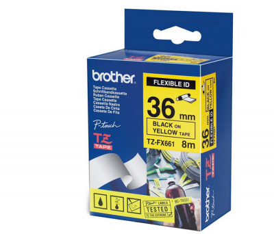 Лента TZEFX661 ламинированная эластичная (идентификационная) для печати наклеек Brother (размер: 36мм х 8м, черный шрифт, желтый фон) [артикул: TZE-FX661] /оригинальная/