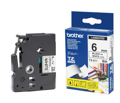 Лента TZES211 ламинированная плотная (повышенной адгезии) для печати наклеек Brother PT 5/9800 (размер: 6мм х 8м, черный шрифт, белый фон) [артикул: TZE-S211] /оригинальная/